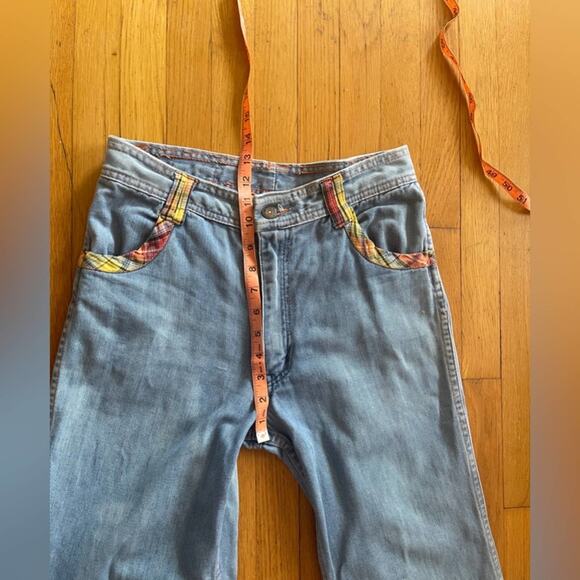 70s Vintage Faded Glory Light Wash Bell Bottoms w. Plaid Detailing - Picture 12 of 15